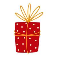 icono de vector de caja de regalo rojo sorpresa. regalo para navidad, cumpleaños, vacaciones. embalaje de lunares envuelto con cinta dorada. clipart plano de dibujos animados aislado en blanco. ilustración para tarjetas, impresión, logotipo