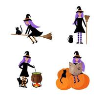 un conjunto de tramas de una pequeña bruja con un gato negro. ilustración vectorial de Halloween, una chica disfrazada de bruja se sienta en una calabaza, vuela en una escoba, cocina una poción en un caldero. vector