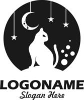 logotipo de gato con adorno de luna y estrella en blanco y negro vector