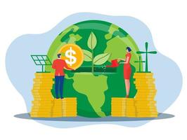 ESG concept environmental social and governance concept Businessman  drop coin for invest energy sources. Preserving resources of planet.flat vector illustration