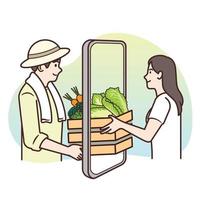 un agricultor que lleva un sombrero en la cabeza está entregando una caja de madera con verduras dentro a una mujer que pide en línea a través de un smartphone, un diseño ilustrador y un fondo aislado. vector