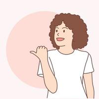 la mujer señala con el pulgar para sugerir algo interesante, diseño vectorial e ilustración. vector