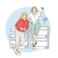 Two teenage girls sit on stacks of books vector