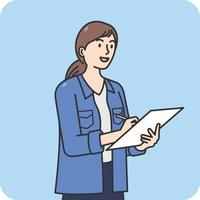 Woman checking stock on paper, 2D character activity, vector design and isolated background.