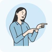 Woman pointing her hand forward, point your hand to look at something, 2D character activity, vector design and isolated background.