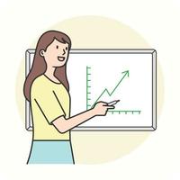 Female employee presenting at a meeting on the graph board, 2D character activity, vector design and isolated background.