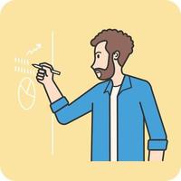 Man writing on board about meeting, 2D character activity, illustration design and isolated background. vector