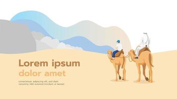 Man and child are traveling by riding camel in the desert vector