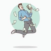 Happy jumping man, profit from investment, scatter money around, Vector design and illustration.