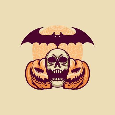 Skull Pumpkin And Bat Retro Illustration