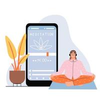 Young woman meditates using an application on a smartphone. Flat vector illustration