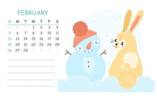 February children's calendar for 2023 with an illustration of a cute rabbit with a snowman. 2023 is the year of the rabbit. Vector winter illustration of the calendar page.