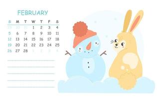 February children's calendar for 2023 with an illustration of a cute rabbit with a snowman. 2023 is the year of the rabbit. Vector winter illustration of the calendar page.