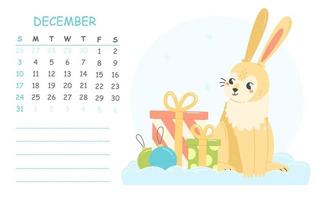 December children's calendar for 2023 with an illustration of a cute rabbit with gifts. 2023 is the year of the rabbit. Vector winter illustration of the calendar page.