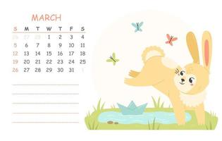 calendario infantil de marzo para 2023 con una ilustración de un lindo conejo con un bote de papel y un charco. 2023 es el año del conejo. ilustración vectorial de primavera de una página de calendario. vector