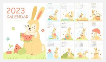 Design a children's vertical calendar for 2023 with cute illustrations with a rabbit character. 2023 is the year of the rabbit. 12 months. Wall calendar template. Vector illustration.