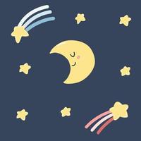 linda luna kawaii dibujada a mano y estrellas fugaces en estilo plano de dibujos animados. ilustración vectorial de íconos infantiles con cara feliz para afiches, estampados de tela, tarjetas, ropa para niños vector