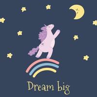 Cute unicorn on rainbow with kawaii moon and stars in cartoon flat style. Vector illustration of baby horse, pony animal and lettering in purple color for fabric print, apparel, children textile