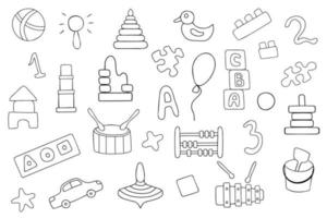 Educational toys. Children's toys for preschool children in the doodle style. A set of vector illustrations on a white background.