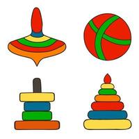 Educational toys. Children's toys for preschool children in the doodle style. A set of vector illustrations on a white background.