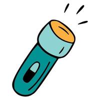 Drawing of a flashlight in the style of a doodle. Accessories and equipment for picnics, travel. Hand-drawn vector illustration isolated on a white background.