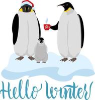 Cute Penguins wearing Santa Claus hat with a cup of tea standing on on the ice. Flat design vector illustration. Hello winter calligraphy lettering