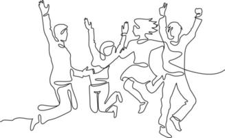 Continuous line drawing of happy people team jumping joy. People jumping one line continuous line drawing of four jumping happy team members vector