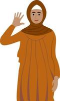 Muslim woman waving hello. Greeting gesture. Smiling girl in in the national Muslim clothes makes a greeting gesture. Character wave their hand vector