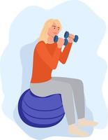 A young woman sits on a ball and raises dumbbells in her hands. The girl goes in for sports. Sports training vector