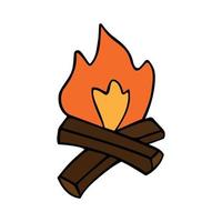 Drawing of a fire in the style of a doodle. Accessories and equipment for picnics, travel. Hand-drawn vector illustration isolated on a white background.