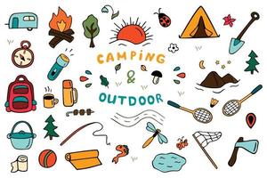 Set of camping and hiking elements in doodle style. Picnic, travel accessories and equipment. Hand drawn vector illustration isolated on white background.