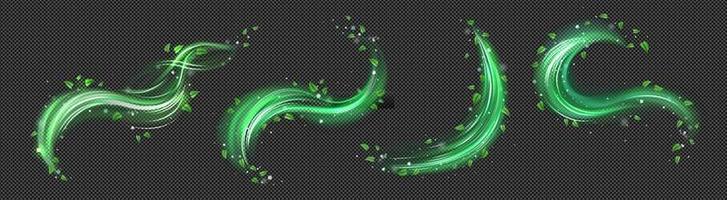 Abstract wind swirl with green leaves and sparkles vector