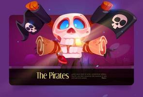 Pirates banner with skull, old map and black flags vector