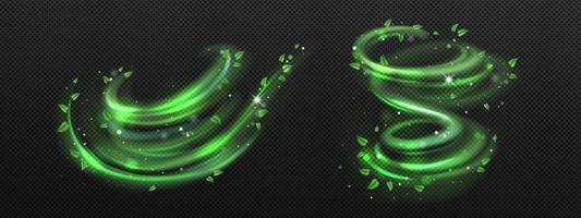 Abstract wind swirl with green leaves and sparkles vector