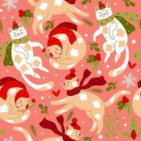 Seamless pattern with cute Christmas cats in hats and scarves. Vector graphics.