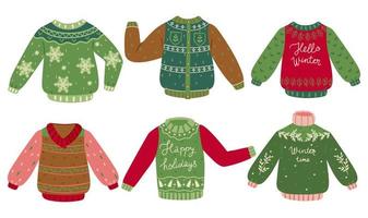 A set of winter sweaters with various inscriptions and ornaments isolated on a white background. Vector graphics.