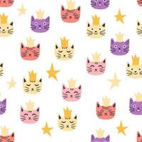 Seamless cat princess pattern. Cute princess cats seamless pattern, little kitty. vector