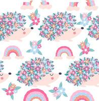 seamless childish floral pattern with flowers and cute hedgehogs on black background vector