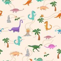 Hand drawn cute dinosaurs seamless pattern. Childrens pattern with dinos, rainbows, clouds, stars, polka dots vector