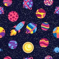 Seamless space pattern. Planets, rockets and stars. Cartoon spaceship. Childish background. Hand drawn vector