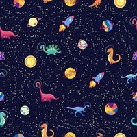 Dino in space seamless pattern. Cute dragon characters, dinosaur traveling galaxy with stars, planets. Kids cartoon background. Illustration of astronaut dragon, kids wrapping with cosmic dino vector