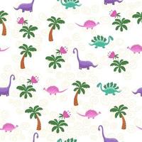 Hand drawn cute dinosaurs seamless pattern. Childrens pattern with dinos, rainbows, clouds, stars, polka dots vector