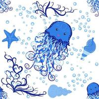 patrón impecable con medusas transparentes detalladas. patrón infantil sin costuras con lindos peces dibujados a mano y medusas en estilo garabato. fondo de vivero de moda vector
