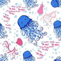 Seamless pattern with detailed transparent jellyfish. Childish seamless pattern with cute hand drawn fishes and jellyfishes in doodle style. Trendy nursery background vector