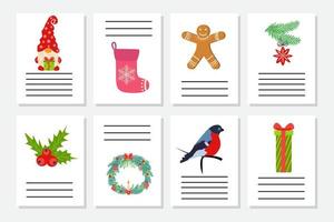 Set of Christmas greeting or invitation. Postcards with New Years symbols, Christmas tree, snowflakes, gifts, candy cane vector