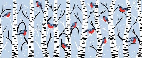 Winter seamless pattern with bullfinches and birch trees. vector