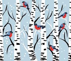 Winter seamless pattern with bullfinches and birch trees. vector