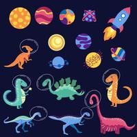 Dino in space. Cute dragon characters, dinosaur traveling galaxy with stars, planets vector