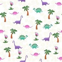 Hand drawn cute dinosaurs seamless pattern. Childrens pattern with dinos, rainbows, clouds, stars, polka dots vector