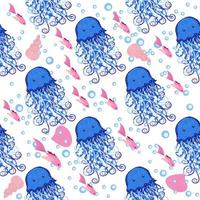 Seamless pattern with detailed transparent jellyfish. Childish seamless pattern with cute hand drawn fishes and jellyfishes in doodle style. Trendy nursery background vector